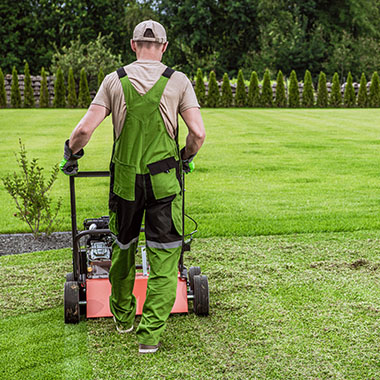 Gardener and his powerful gasoline machine to cut grass