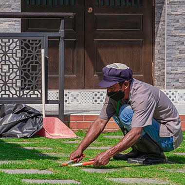 Worker is trimming grass on walkway